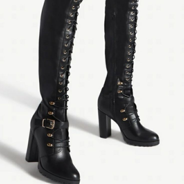 An Over-The-Knee Combat Boot Featuring A High Block Heel, Decorative Buckle Strap, Adjustable Laces, And Zipper Closure. Material: Faux-Leather Features: Sd Dream Sole Double The Padding For Comfort, Support, And Ease Of Movement Calf Circumference: Based On Size 8 With 14" Shaft Point; Reg: 16.3''-16.5'' Outside Heel Height: 4" Closure: Functional Inside Zipper; Adjustable Laces Shaft Height: 26.5" Ew( Extra Width) Color: Black *** All Shoes Are Mailed Without Original Box****** If You Need A B 80s Combat Boots, Nlack Boots, Fantasy Shoes Boots, Assassin Boots, Combat Boots Outfit For Women, Combat Heels, Lace Up Boots Knee High, Pirate Shoes, Combat Boots Aesthetic