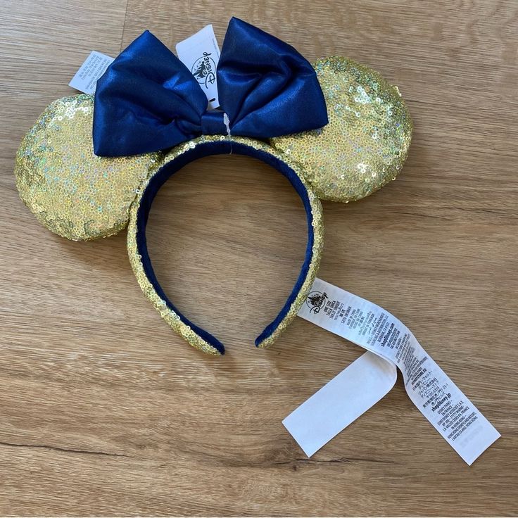 New Disney Minnie Ears Sequin Gold And Navy Blue Bow Size: One Size Details: New With Tags Rose Gold Mickey Ears, Disney Minnie Ears, Toy Story Slinky, Dog Ears Headband, Minnie Mouse Hair Bows, Disney Mouse Ears, Minnie Mouse Headband, Disney Minnie Mouse Ears, Minnie Ears Headband