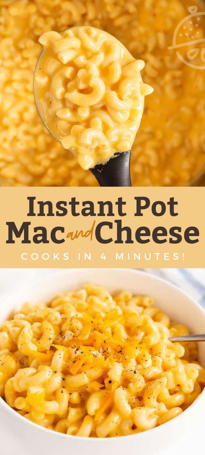 instant pot macaroni and cheese in a white bowl with a ladle full of macaroni and cheese