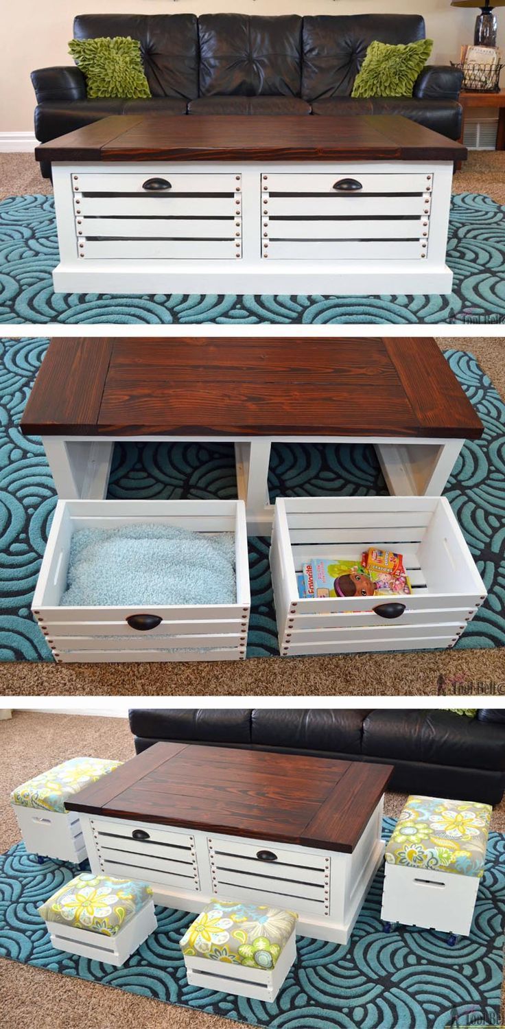 three pictures of the same coffee table with storage boxes underneath it and two photos of the same coffee table