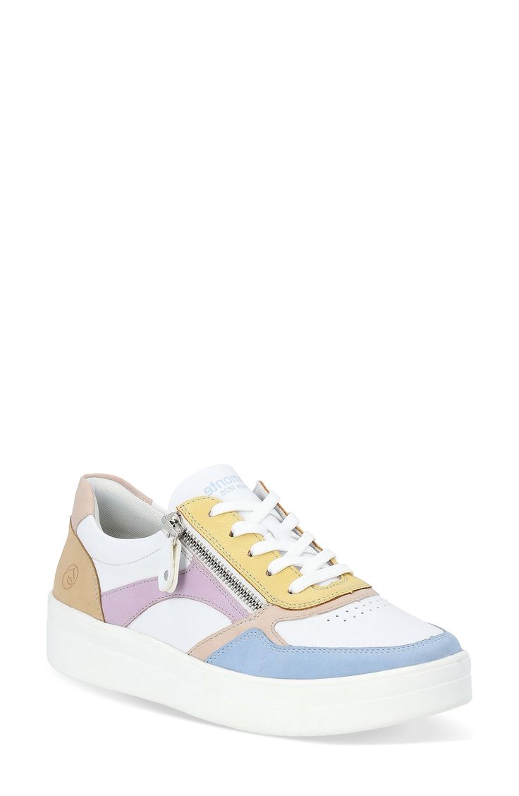 A palette of pastel-hued overlays makes a distinctive statement on a lace-up sneaker that's equal parts sporty and chic. Lace-up style; side zip closure Flexible, shock-absorbing outsole Synthetic upper/textile lining/synthetic sole Imported Sporty Pastel Sneakers For Streetwear, High-top Pastel Sneakers With Rubber Sole, High-top Platform Sneakers With Elastic Laces For Spring, Pastel High-top Sneakers With Rubber Sole, Pastel Low-top Sneakers With Rubber Sole, Casual High-top Pastel Sneakers, Multicolor High-top Platform Sneakers With Contrast Sole, Modern Sneakers With Elastic Laces, Spring Platform Sneakers With Removable Insole