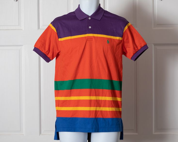 90s 00s never worn colorful men's polo shirt - POLO by Ralph Lauren - colorful and attention getting size - S vintage not worn (sales tags still attached) cotton Multicolor Summer Polo Shirt, Retro Multicolor Collared T-shirt, Cotton Polo Shirt For Spring Streetwear, Cotton Polo Shirt For Streetwear In Spring, Casual Color Block Cotton Polo Shirt, Retro Cotton Polo Shirt For Spring, Casual Purple Cotton Polo Shirt, Orange Collared Cotton Polo Shirt, Summer Cotton Color Block Polo Shirt