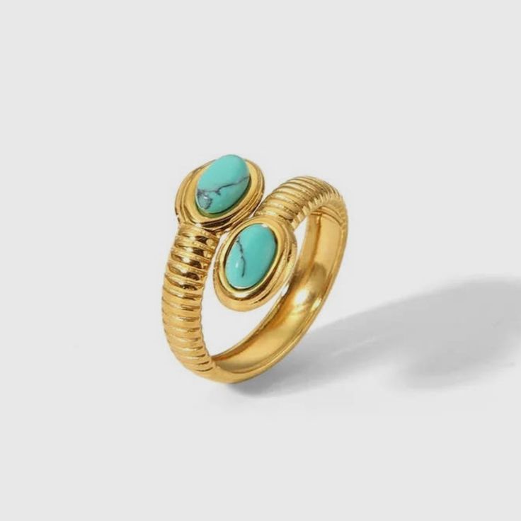 Gold plated ring, one size fits all, adjustable sizing Adjustable Gold Turquoise Ring With Oval Shape, Adjustable Gold Oval Turquoise Ring, Elegant Adjustable Gold Turquoise Ring, Trendy Metal Crystal Open Ring, Trendy Open Crystal Ring, Adjustable Gold Crystal Ring, Trendy Adjustable Jewelry With Ring Detail, Adjustable Open Bypass Ring For Promise, Adjustable Open Bypass Promise Ring