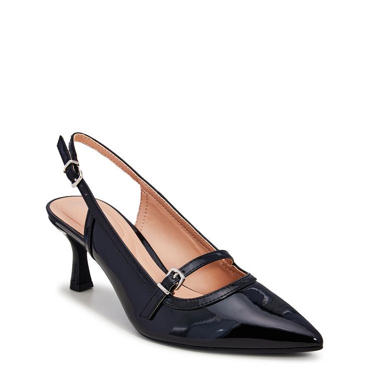 Top off your boardroom-ready chic looks with these womens Pesla black pumps from Kelly & Katie. Made of synthetic upper with a glossy finish, these dressy pumps have a sleek pointed toe, adjustable slingback strap with buckle closure, and an adjustable buckle Mary Jane strap closure for a secure fit and feminine flair. Smooth synthetic lining and a lightly padded footbed treat your feet to a comfy feel with a kitten heel lends a boost of height. This style is exclusive to Designer Brands Canada. | Kelly & Katie Women's Pesla Pump in Black Size 5 Medium Patent Leather Slingback Heels For Office, Patent Leather Heels With Buckle For Office, Business Slingback Heels With Buckle Closure, Modern Slingback Pumps With Buckle For Office, Modern Slingback Pumps With Buckle Closure For Office, Sleek Slingback High Heel Pumps With Buckle Closure, Fitted Patent Leather Slingback Pumps For Office, Sleek High Heel Slingback Pumps With Buckle Closure, Spring Business Slingback Pumps With Buckle Closure