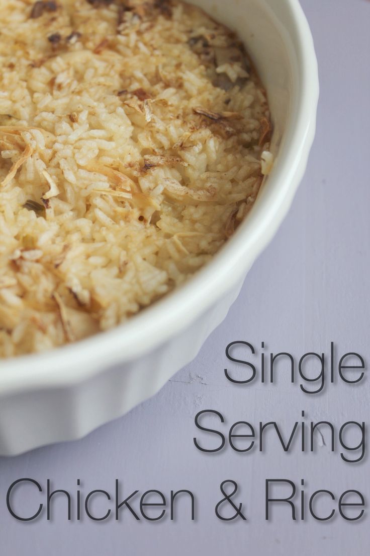 a close up of a bowl of food with the words single serving chicken and rice