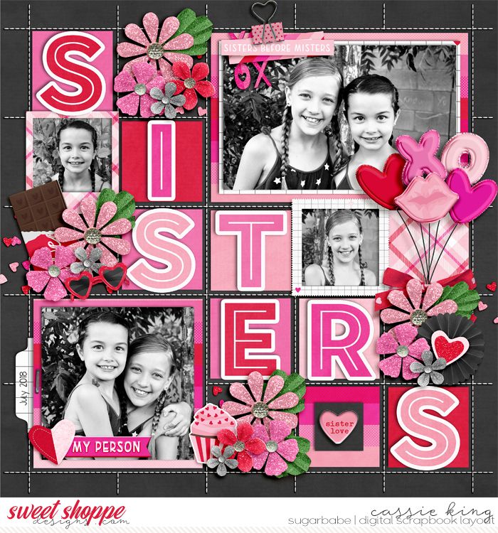 a scrapbook page with pink flowers and photos on it that says sister, sweet shoppe