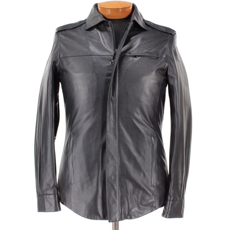 * Sleeve (Shoulder Seam To End Of Sleeve) : 25.5 * Length (Bottom Of Collar): 29 * Shoulder (Point To Point): 19 * Pit To Pit: 21.5 * Waist (Across At Middle Of Pockets): 20.5 Fitted Single Breasted Leather Biker Jacket, Fitted Single-breasted Leather Biker Jacket, Designer Fitted Leather Jacket With Lapel Collar, Luxury Leather Jacket With Snap Buttons For Winter, Luxury Winter Leather Jacket With Snap Buttons, Fitted Leather Jacket With Padded Collar, Designer Leather Blazer With Long Sleeves, Designer Long Sleeve Leather Blazer, Fitted Luxury Leather Jacket With Concealed Placket