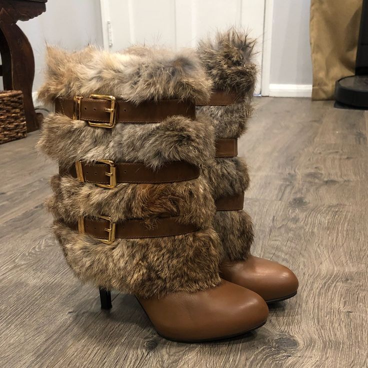 Authentic Rabbit Fur Boots With Gold Hardware. Pristine Condition. European Size 36.5 Ships Same Or Next Day. Shoes Heel Boots, Fur High Heel Boots, Fur Boot Heels, High Heel Boots With Fur, Gyaru Winter Fashion, Luxury Brown Heeled Boots For Winter, Luxury Brown Winter Heeled Boots, Y2k Fur Boots, Fergalicious Boots