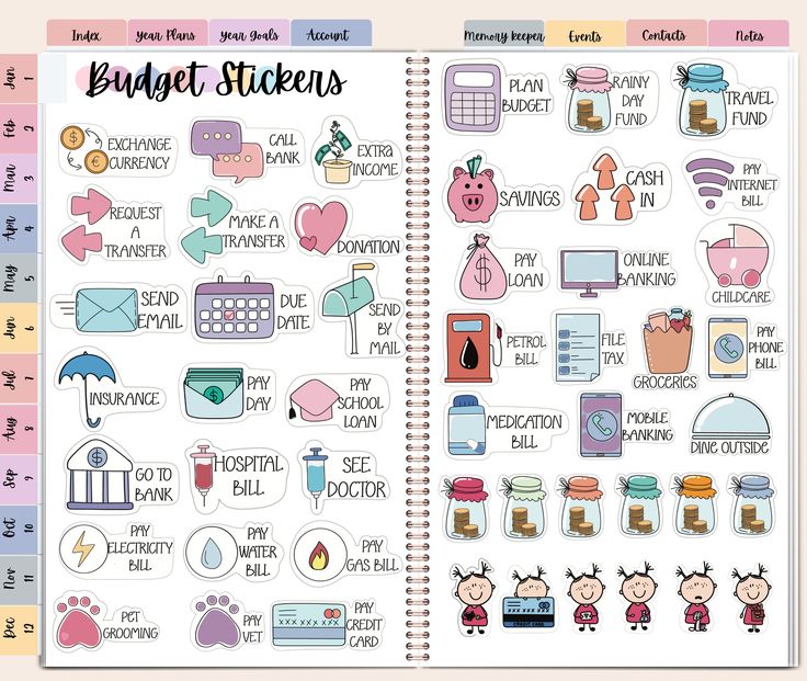 an open planner with stickers on it and the words budget stickers in pink