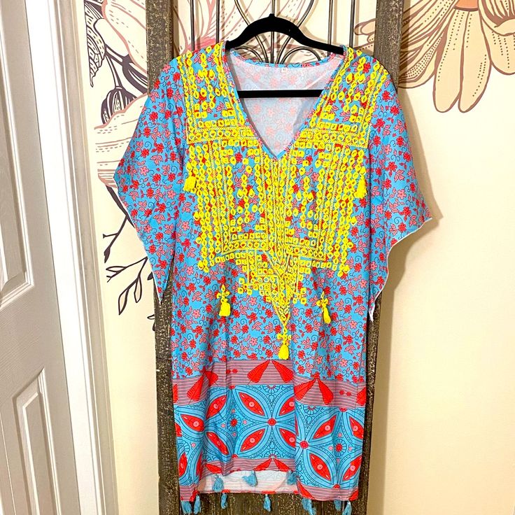 Fun And Funky Beach Cover Dress! Adult Medium Holiday V-neck Floral Print Beach Dress, Colorful V-neck Beach Dress, Printed Beach Dress For Spring Cover-up, Yellow Floral Print Vacation Dress, Printed Beach Dress For Spring Holiday, Casual Multicolor Beach Dress With Short Sleeves, Casual Multicolor Short Sleeve Beach Dress, Vibrant Tropical Print Dress For Beach Season, Vibrant Tropical Print Beach Dress