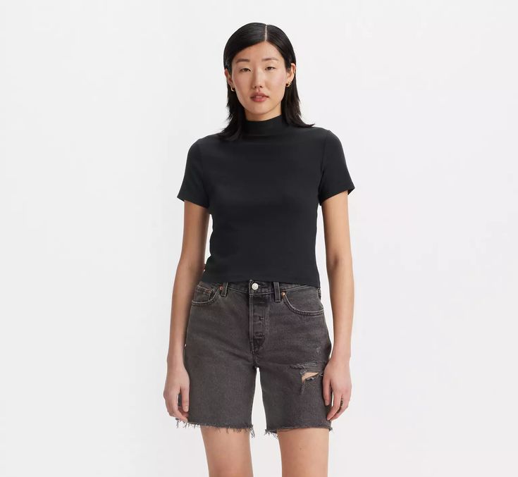 Effortless Short Sleeve T-shirt - Black | Levi's® US Fitted Cotton Turtleneck T-shirt, Fitted Turtleneck T-shirt For Spring, Casual Fitted Mock Neck Top For Layering, Classic High Neck Tops With Relaxed Fit, Fitted Levi's Cotton Top, Casual Turtleneck T-shirt With Relaxed Fit, Fitted Turtleneck T-shirt, Relaxed Fit High Neck Tops, Casual Summer Mock Neck Top For Layering