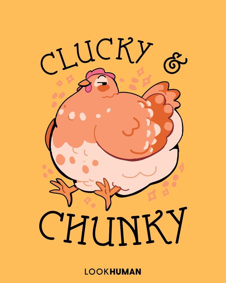 a cartoon chicken with the words lucky and chunky on it's back side