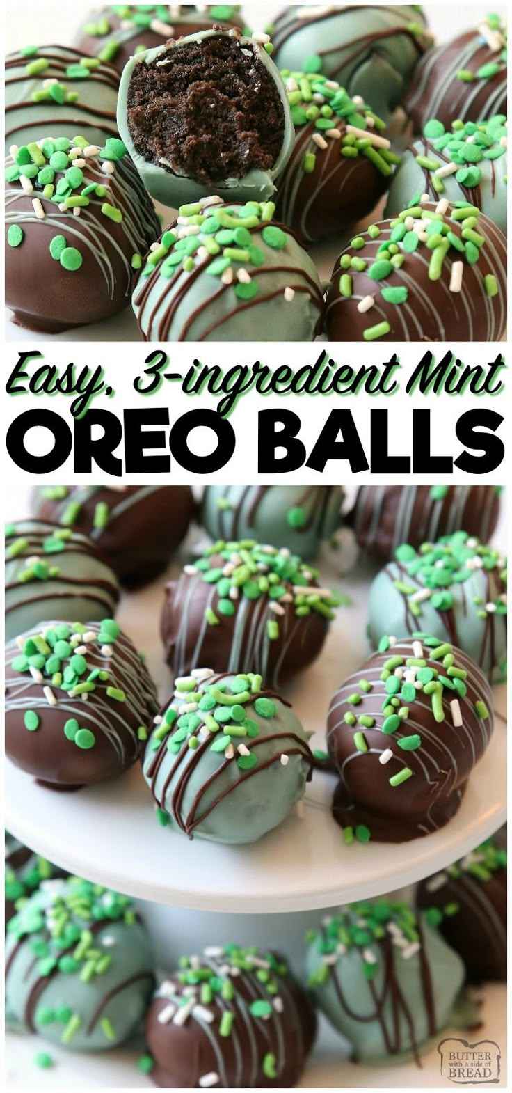 chocolate covered oreo balls with green sprinkles are on a white plate