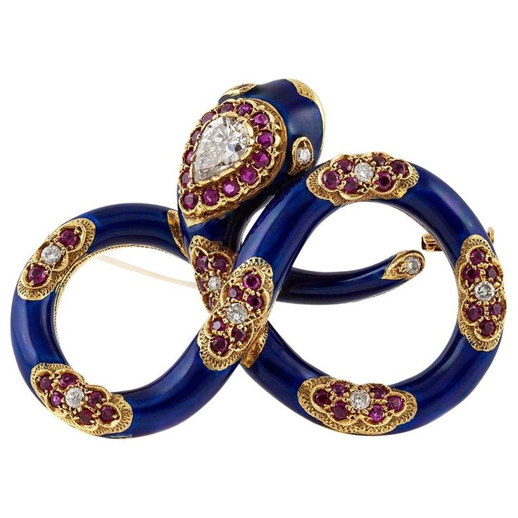 Nardi Blue Enamel Snake Brooch Snake Brooch, Rubies And Diamonds, Gold Dragon, Snake Jewelry, Gold And Blue, Diamond Brooch, Gold Brooches, Gold Snake, European Cut Diamonds