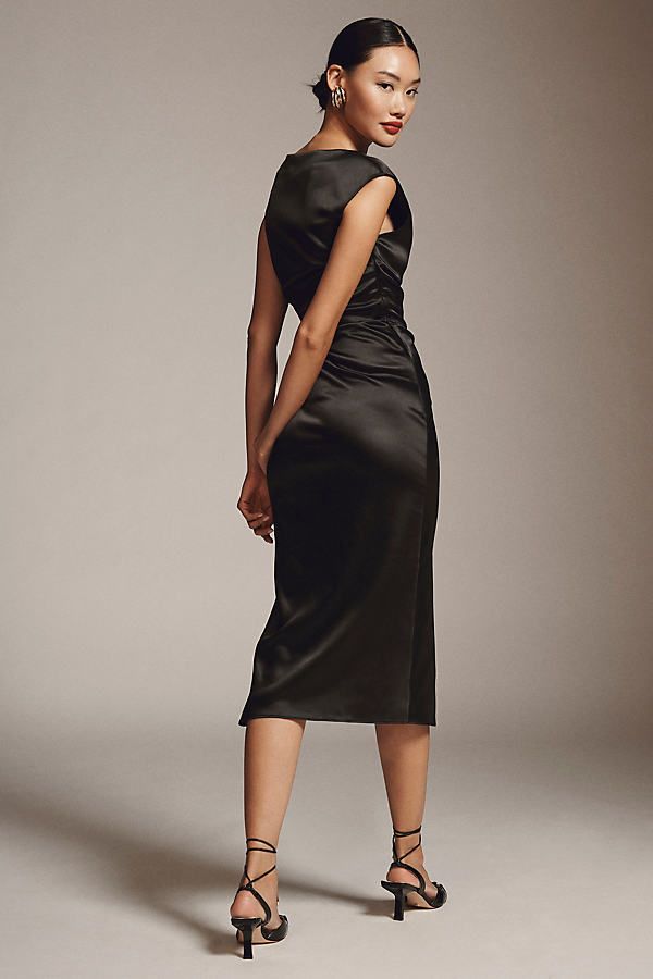 Classically elegant, the BHLDN Francesca High-Neck Midi Dress is rendered in stretch satin for a glossy shine that keeps you comfortable. The high neckline drapes down to a flowing skirt for added flare. | Francesca High-Neck Stretch Satin Midi Dress by BHLDN in Black, Women's, Size: XS, Polyester/Elastane at Anthropologie High Neck Midi Dress, Midi Dress Black, Black Bridesmaid Dresses, Neck Stretches, Flowing Skirt, Medium Dress, Satin Midi Dress, Stretch Satin, Dress Picture