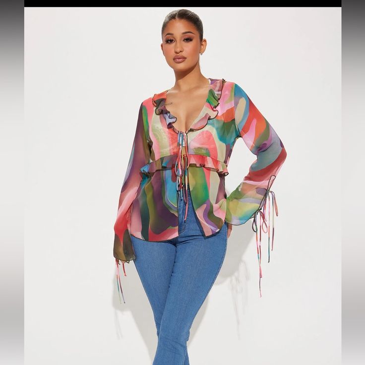 New With Tags Medium Chic Multicolor Long Sleeve Blouse, Multicolor Long Sleeve Blouse For Day Out, Trendy Fitted Multicolor Blouse, Colorful Bohemian Long Sleeve Blouse, Trendy Pink Blouse For Fall, Trendy Multicolor V-neck Blouse, Colorful Long Sleeve Trendy Blouse, Colorful Long Sleeve Tops For Day Out, Multicolor Ruffled Blouse For Day Out