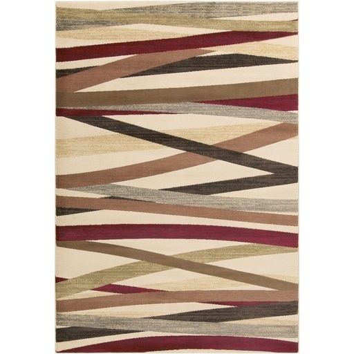 a multicolored area rug with wavy lines on the bottom, and a white background