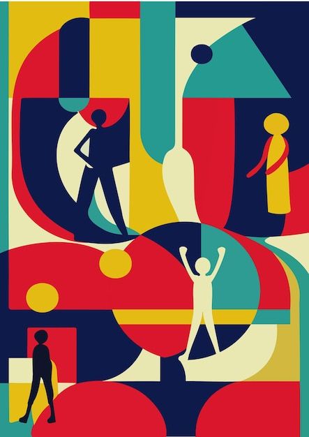 an abstract poster with people and shapes