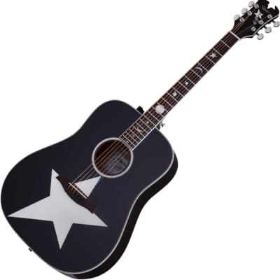 a black guitar with white stars on the top and bottom, against a white background