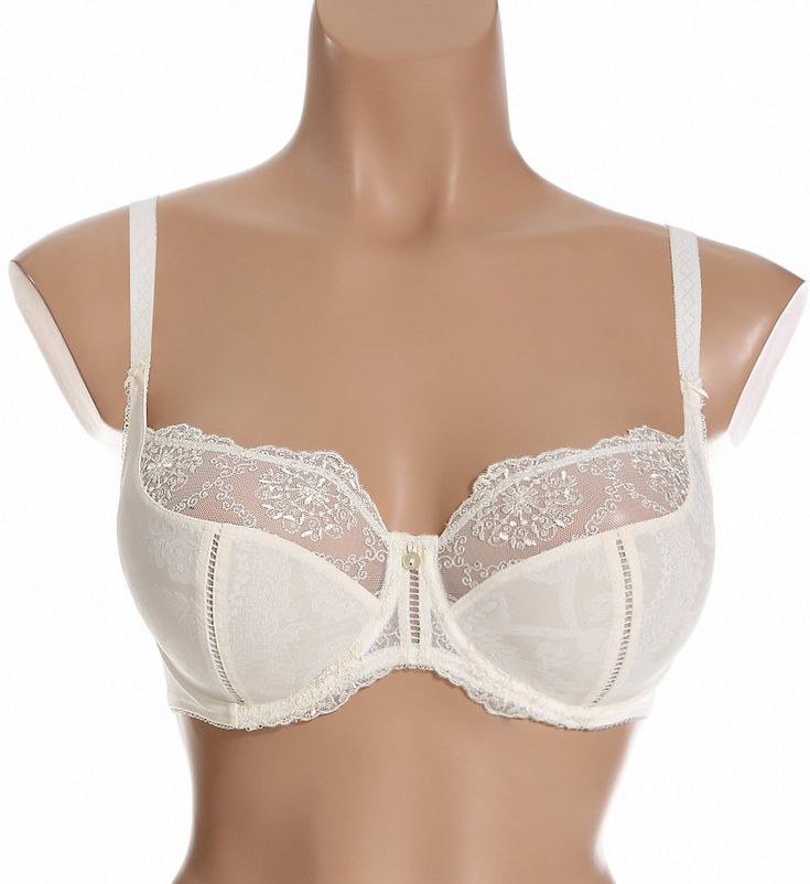 Designed for the full-busted and full-figure woman, this absolutely stunning underwire bra features non-stretch multi-part cups with sheer, embroidered upper cup and center. Lower panels are opaque with a muted print. Restricted stretch straps help prevent "bounce." 3-part, unpadded underwire cups have non-stretch mesh lining along bottom and side. Angled and vertical center cup seaming shapes your breasts. Center panel - arched for high tummy comfort, with mother-of-pearl button accent. Tall, s Beige Full Cup Bra With Removable Cups, Cream Underwire Bra With Removable Pads, Feminine Cream Bra With Padded Cups, Classic Full Cup Bra With Removable Cups, Elegant Full Coverage Padded Bra, Classic Cream Bra With Padded Cups, Elegant Full Cup Cream Bra, Elegant Cream Underwire Bra, Classic Bra With Removable Cups And Underwire