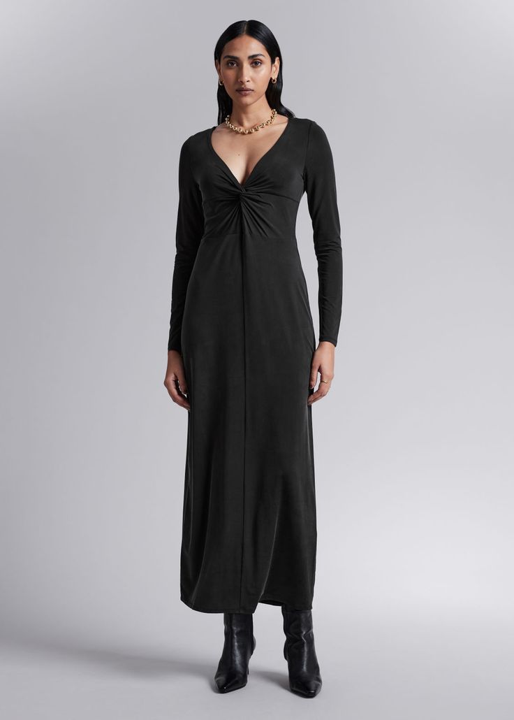 Long-sleeve midi dress featuring a v-cut neckline with a twist-detail. Length of dress: 130.5cm / 51.4" (Size S) Fitted Twist Front Maxi Dress, Fitted Twist Front Midi Dress, Spring Twist Front Midi-length Dress, Fitted Midi Dress With Twist Front, Spring Midi Length Twist Front Dress, Spring Midi Length Dress With Twist Front, Chic Twist Front Midi Dresses, V-neck Twist Front Dress For Date Night, Twist Front V-neck Dress For Date Night