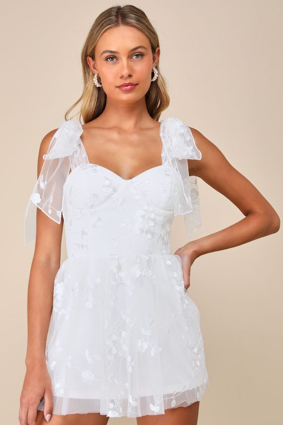 Precious Whimsy White Mesh Embroidered Tie-Strap Skort Romper Cute White Dresses Classy, White Dresses Classy, Sash Shoulder, Sheer Mini Skirt, Graduation Dress White, Wedding Romper, Reception Dress Short, White Babydoll Dress, Fitted Shorts