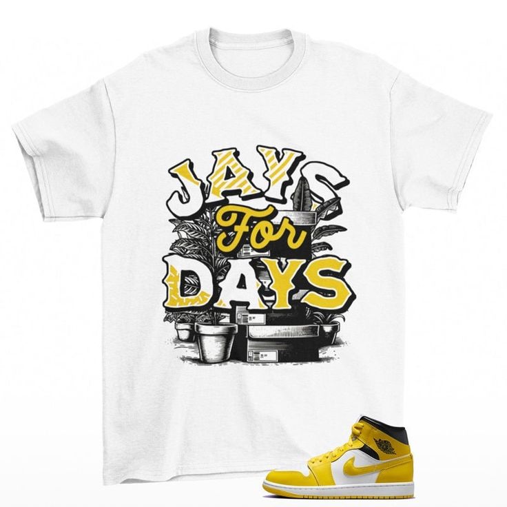 Stacked Jordan 1 Mid Vivid Sulfur Sneaker Matching Tee Shirt  The unisex heavy cotton tee is the basic staple of any wardrobe. It is the foundation upon which casual fashion grows. All it needs is a personalized design to elevate things to profitability. The specially spun fibers provide a smooth surface for premium printing vividity and sharpness. No side seams mean there are no itchy interruptions under the arms. The shoulders have tape for improved durability. .: 100% cotton (fiber content ma Yellow Relaxed Fit T-shirt For Streetwear, Spring Streetwear Pre-shrunk Shirt, Pre-shrunk Shirt For Spring Streetwear, Yellow Cotton Urban T-shirt, Urban Style Yellow Cotton T-shirt, Basic Spring Streetwear Shirt, Unique Sneakers, Matching Tees, Complimentary Colors