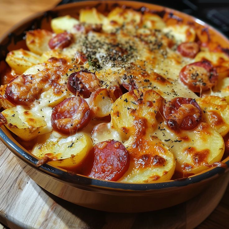 a pizza dish with potatoes and pepperoni in it