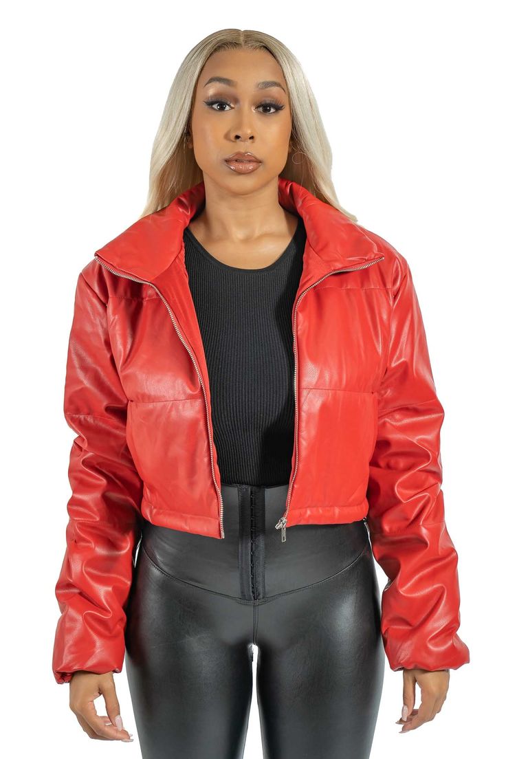 This stylish, daring and oh-so-chic layer of warmth is designed to make sure you stay on top of the trends, no matter the season. Model is 5'6 wearing small Fall Streetwear Puffer Jacket, Spring Casual Puffer Leather Jacket, Casual Spring Puffer Leather Jacket, Trendy Leather Jacket With Padded Collar For Fall, Chic Streetwear Outerwear For Fall, Modern Outerwear With Padded Collar For Fall, Chic Fall Streetwear Outerwear, Trendy Fall Puffer Jacket With Padded Collar, Modern Padded Collar Outerwear For Fall