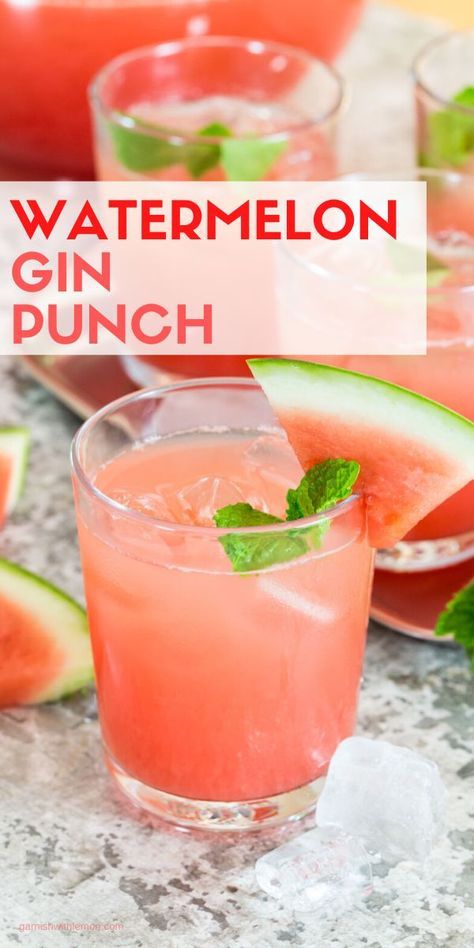 watermelon gin punch with mint garnish on the rim and slices of watermelon