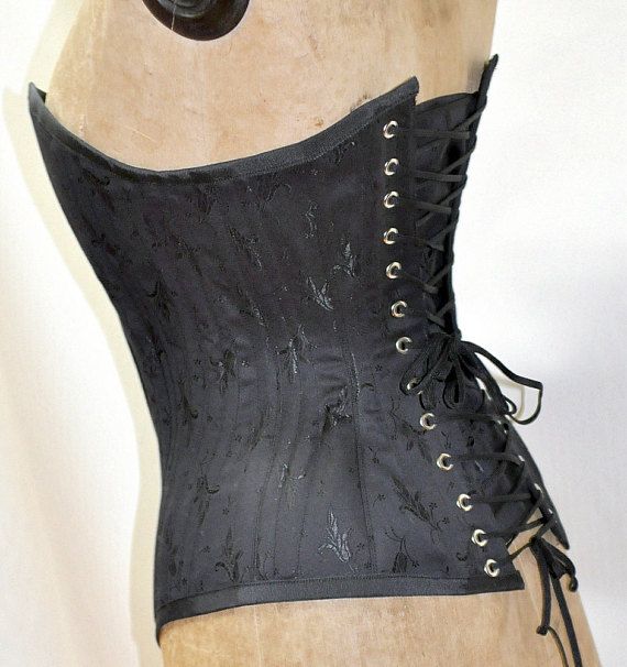 Steampunk Victorian Corset Black Brocade Steelboned Overbust Burlesque Classic Tightlacing Noir Gothic Party Corset With Boning, Gothic Overbust Corset Dress With Boning, Gothic Strapless Evening Corset, Gothic Strapless Corset For Evening, Gothic Fitted Corset Dress With Boning, Black Fitted Steampunk Corset, Gothic Black Corset Dress With Lace-up Back, Black Underbust Corset Belt For Alternative Fashion, Black Boned Bodice Corset Belt For Alternative Fashion