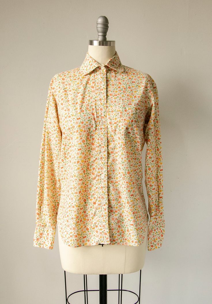 Classic Orange Tops For Spring, Orange Floral Print Shirt For Spring, Orange Floral Print Cotton Shirt, Orange Cotton Floral Print Shirt, Spring Orange Shirt With Button Closure, Classic Orange Buttoned Top, Classic Orange Tops With Buttons, Orange Shirt With Button Closure For Spring, Classic Floral Print Tops For Daywear