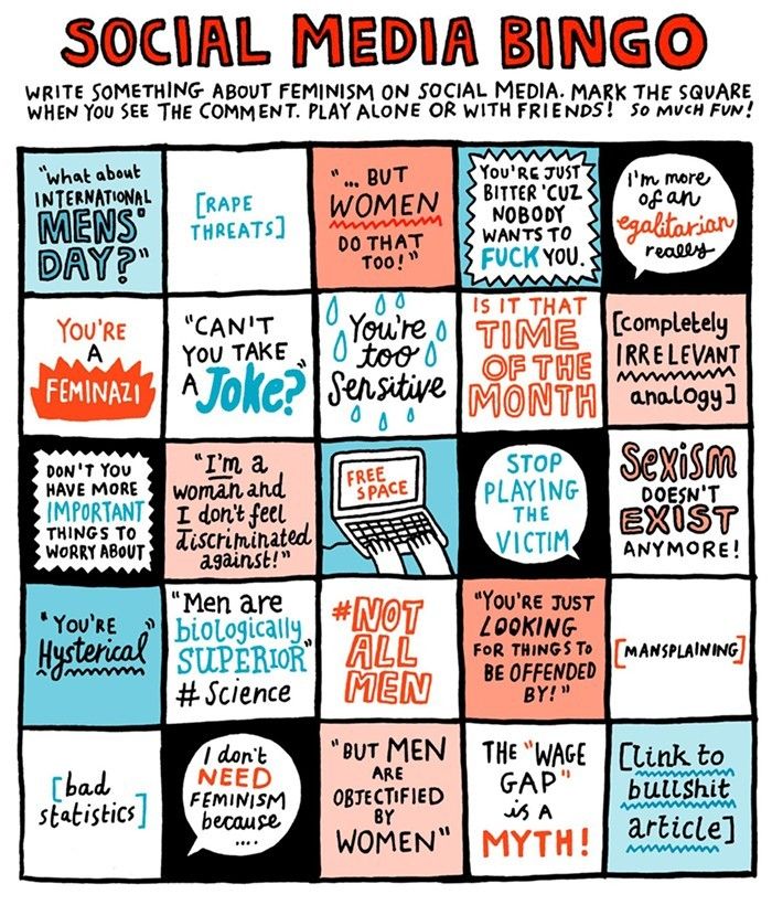 the social media bingo game is shown with different words and phrases on it, including women's rights