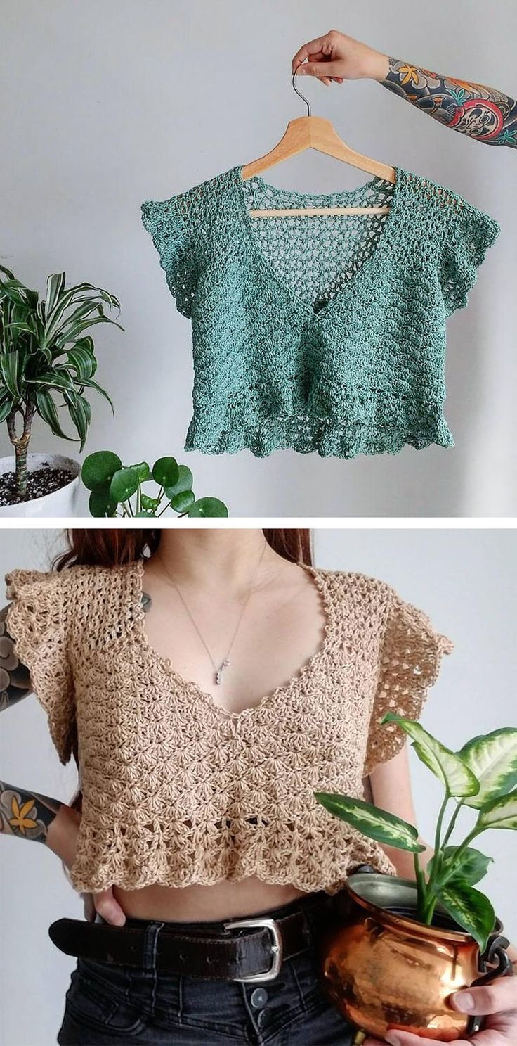 two pictures one with a crop top and the other with a crochet pattern