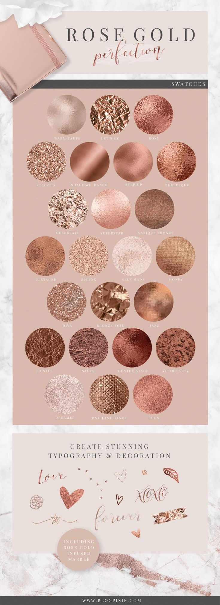 the rose gold palette is shown on a white marble background with pink and gold accents