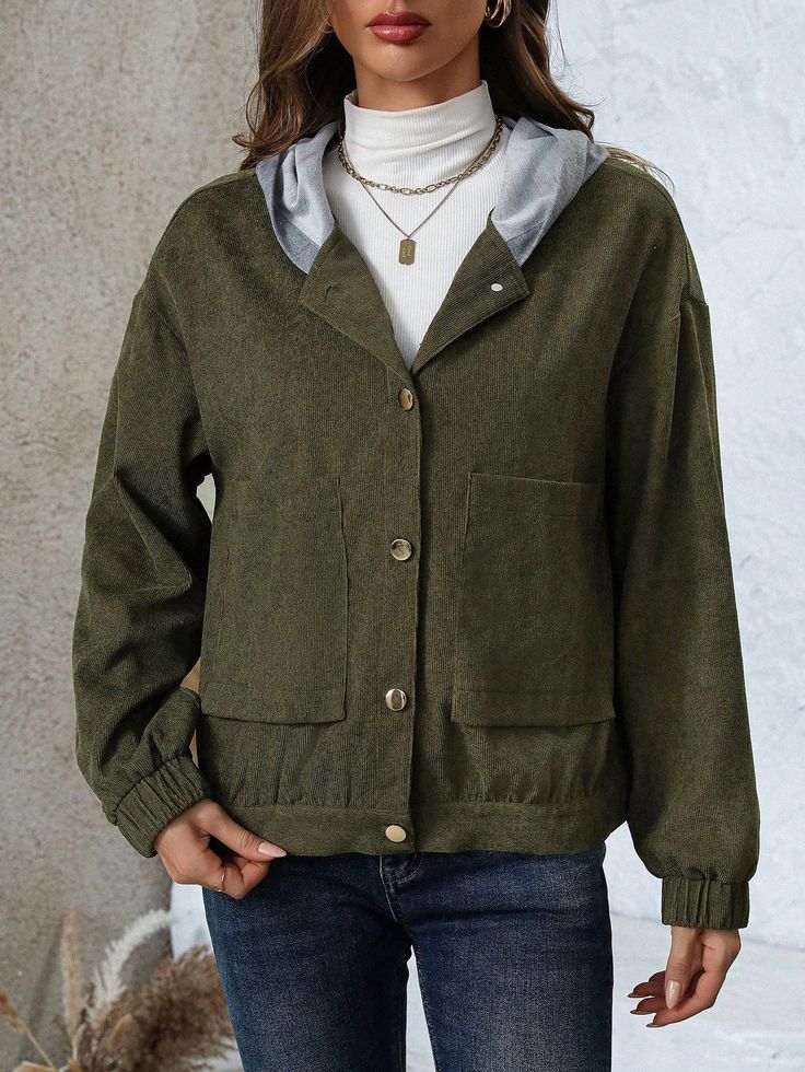 Green Casual Collar Long Sleeve Woven Fabric Colorblock,Plain Other Embellished Non-Stretch  Women Clothing Embroidered Pocket, Women Jackets, Pocket Hoodie, Wear Green, Hoodie Jacket, Women Clothing, Woven Fabric, Color Blocking, Daily Wear