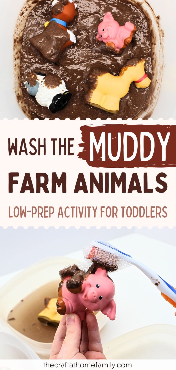 a hand holding a toy pig next to a bowl with muddy farm animals on it and the words, wash the muddy farm animals low - prep activity for toddlers