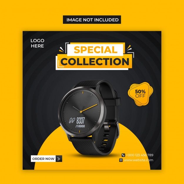 a black and yellow advertisement with a watch on it's front cover, which reads special collection 50 % off