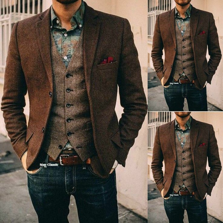 Vintage Brown Herringbone Wool Blend Vintage Suits With Vest 2 Button Jacket New | eBay Tweed Groom, Tuxedos Wedding, Groom Tuxedo Wedding, Suit Brown, Prom Tuxedo, Formal Men Outfit, Black Jeans Men, Herringbone Blazer, Groom Tuxedo