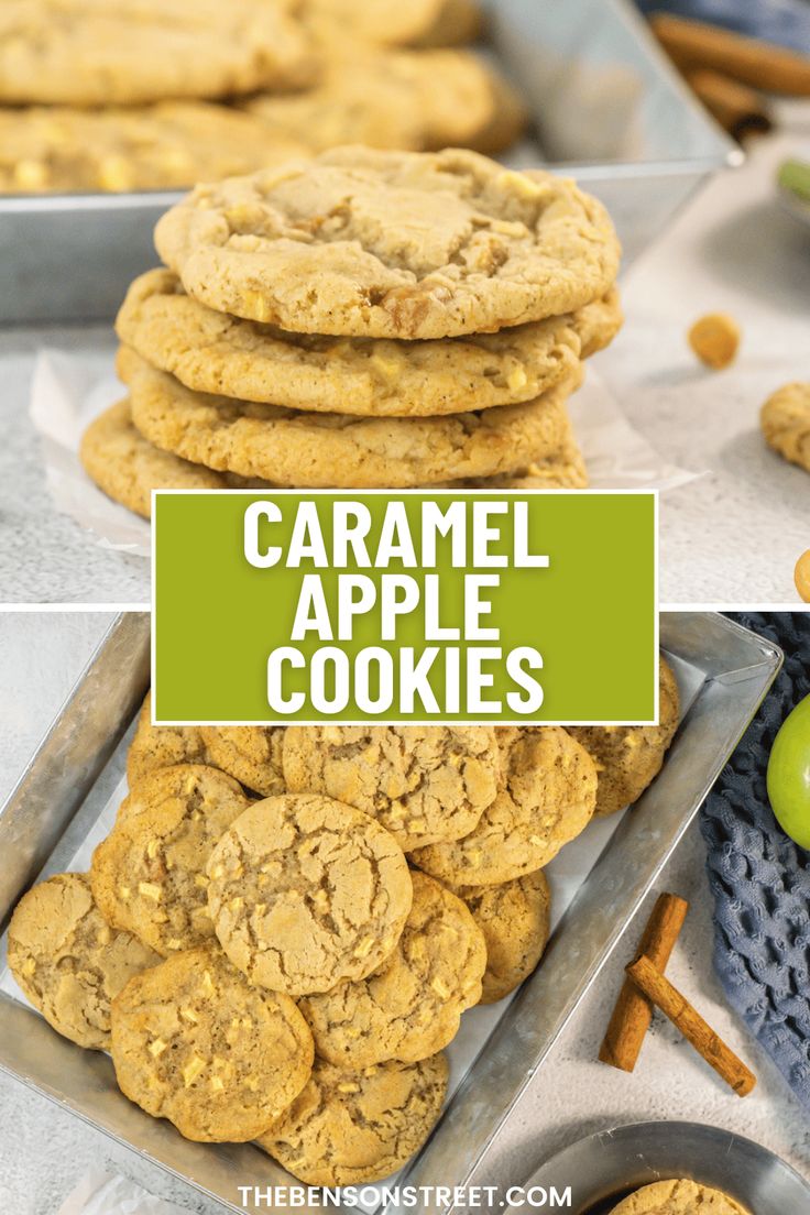 an image of caramel apple cookies with apples in the background