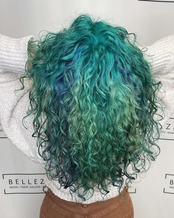 Blue And Green Curly Hair, Vibrant Curly Hair Color, Blue Green Curly Hair, Curly Teal Hair, Turquoise Curly Hair, Green To Blue Hair, Turquoise And Green Hair, Blue Roots Hair, Curly Mermaid Hair