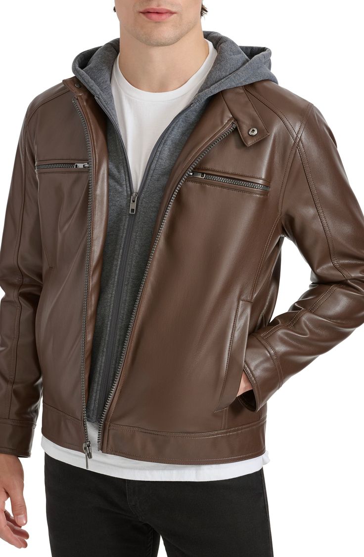 Ride off into the sunset in this sleek jacket expertly crafted from faux leather and topped with a jersey hood. 26 1/2" length Asymmetric zip closure Fixed hood Front welt pockets Lined 100% rayon with 100% polyurethane coating Spot clean Imported Brown Hooded Jacket For Fall With Zipper Closure, Brown Hooded Jacket For Fall With Zipper, Fall Outdoor Leather Jacket With Zipper Closure, Fall Outdoor Leather Jacket With Zipper, Hooded Leather Jacket With Zipper For Fall, Brown Hooded Biker Jacket With Zipper Closure, Fall Outdoor Leather Jacket With Double-lined Hood, Hooded Jacket With Zipper Closure For Fall, Solid Hooded Jacket With Zipper For Fall