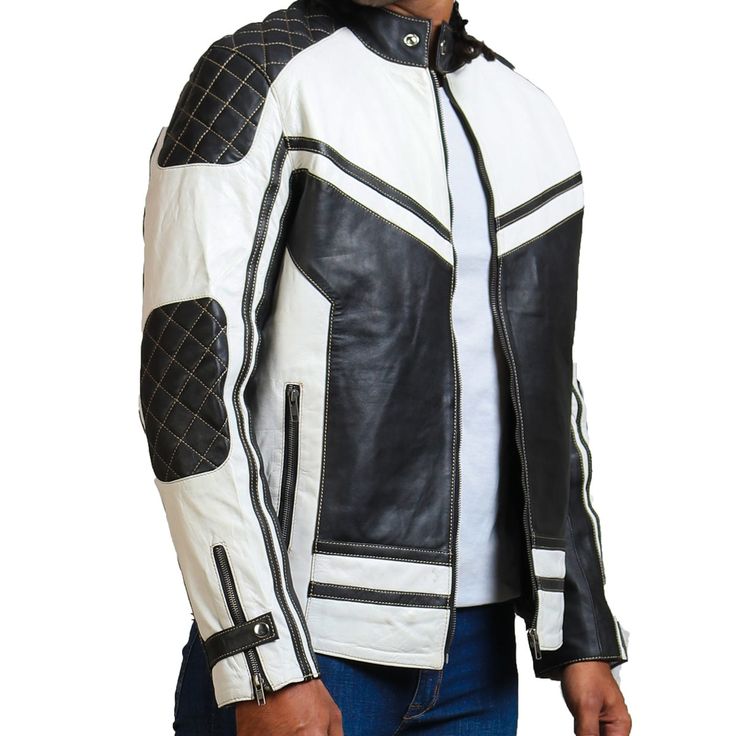 Black and white quilted biker jacket made with 100% authentic leather is designed specifically for individuals looking for two tones of color in one jacket, with beautiful quilted design on its back and shoulders. Material: Genuine Leather Inner: Viscose Color: White Zipper: YKK Size: XS - 5XL NOTE: The size-chart is in accordance with the actual chest size of a person, for-example: XS is suitable for the person having chest size 37-38 Inches (94-97 cm). White Quilted Jacket, Quilted Leather Jacket, Monochromatic Style, Descendants Costumes, Leather Factory, Black Quilt, Womens Clothing Stores, Black Leather Jacket, Quilted Leather