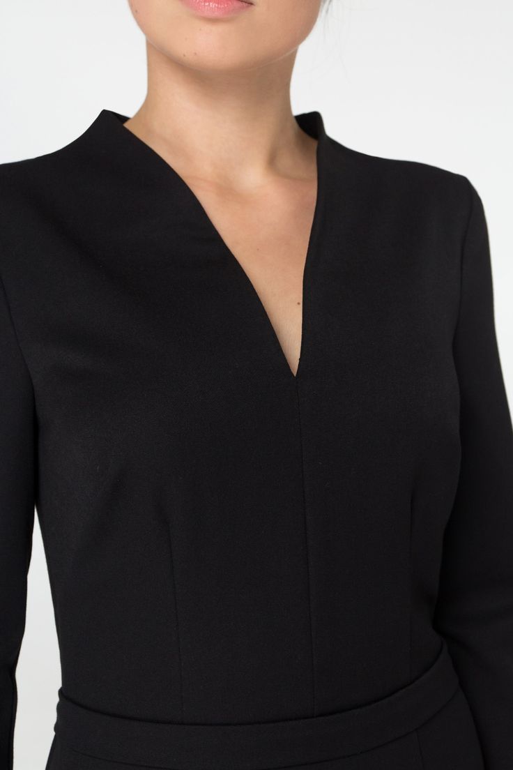 "A beautiful black dress featuring pencil silhouette, midi length and high neck collar. - Stand up collar with v-neck - Fitted pencil silhouette - Knee length (midi) - 3/4 sleeves - concealed back zipper closure Color: Black. Fiber: viscose 45%, elastane - 5%, polyester - 50% For Size S: dress length - 40\", sleeve length - 14,5\" (2/3) Our model wears size S (US 6) and is 171cm/5'6\" tall. You may feel free choosing the size. Just send us your measurements (bust, waist, hips, height). We will d Classic V-neck Mini Dress For Semi-formal Occasions, Elegant Fitted V-neck Dress For Semi-formal Occasions, Elegant Fitted V-neck Dress With Flattering Silhouette, Elegant Fitted V-neck Semi-formal Dress, Elegant V-neck Bodycon Dress For Formal Occasions, Semi-formal V-neck Mini Dress For Office, Semi-formal V-neck Mini Dress, Formal Structured Bodycon Dresses, Structured Mini Dress For Formal Occasions