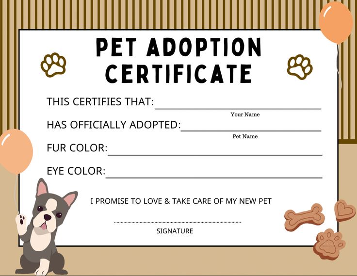 Brown, black, tan, white and peach colors make this pet adoption certificate very modern and great for any birthday party! Adopt A Pet Certificate, Adopt A Wolf Pup, Adoption Certificate For Stuffed Animals, Adopt A Puppy Birthday Party Cute Ideas, Adopt A Stuffed Animal, Stuffed Animal Adoption Certificate, Pet Certificate, Vet Party, Dog Adoption Party