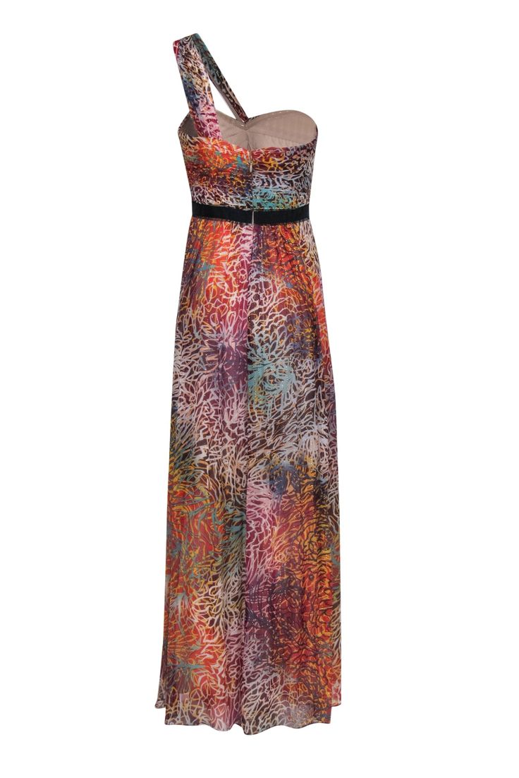 Go colorfully couture with this dazzling gown from BCBG Max Azria! Made in a flowy silhouette with a vibrant print adorned with a touch of metallics, this one-shouldered stunner is sure to get you noticed at your next award show. You'll be totally red carpet ready when you pair this bold beauty with flashy pumps and matching gold jewelry -- and don't forget to smile for the paparazzi! Size 8 Shell: 97% Silk, 3% Spandex Lining: 100% Polyester Concealed back zipper Lined One-shouldered design Slee Multicolor Maxi Prom Dress, Multicolor Maxi Dress For Prom, Party Multicolor Print Maxi Dress, Vibrant Print Maxi Dress For Summer Evenings, Summer Evening Maxi Dress With Vibrant Print, Orange Printed Maxi Dress For Party, Summer Evening Multicolor Maxi Dress, Multicolor Sleeveless Maxi Dress For Cocktail, Sleeveless Multicolor Maxi Dress For Cocktail