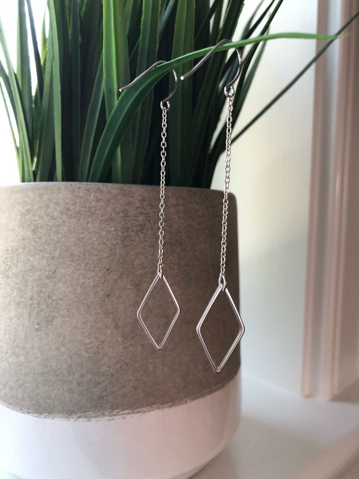 "One pair of geometric drop earrings. Each shape is hung from a 2\" chain for a delicate, lightweight earring. Choose from a hexagon, diamond or teardrop shape in gold, rose gold or silver. These unique earrings are perfect for anyone loves accessorizing with on trend, modern or minimalist jewelry. Made from high quality plated brass. All jewelry is lovingly made in Massachusetts and ships profesionally packaged in an attractive box, ready to gift. Makes a great gift for mom, wife, best friend o Minimalist Dangle Linear Earrings, Minimalist Dangle Linear Earrings As Gift, Minimalist Hypoallergenic Long Drop Jewelry, Minimalist Linear Earrings With Adjustable Chain, Minimalist Linear Dangle Earrings With Adjustable Chain, Minimalist Linear Earrings With Delicate Chain, Minimalist Linear Drop Earrings With Adjustable Chain, Minimalist Delicate Chain Threader Drop Earrings, Minimalist Long Drop Linear Earrings With Adjustable Chain