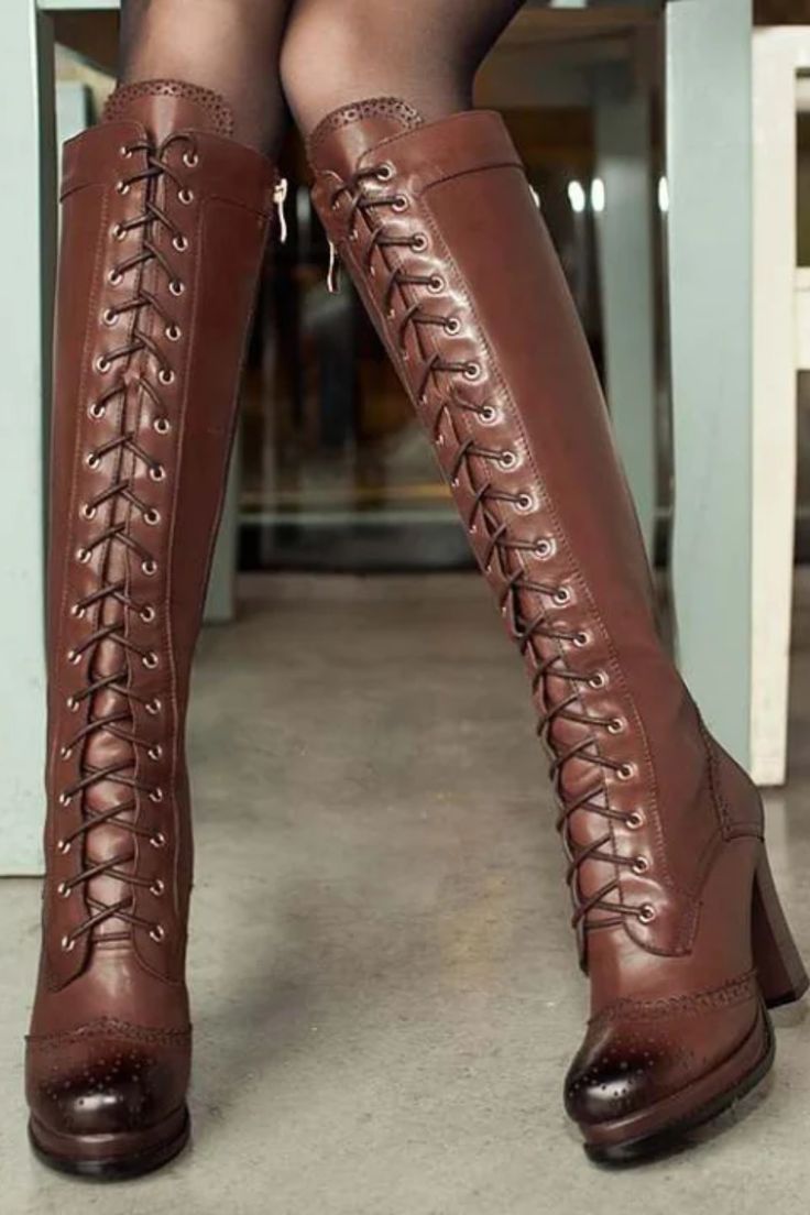 woman wearing high steampunk boots in brown color Genuine Leather Knee High Boots, Steampunk Boots, Leather Shoe Laces, Leather Riding Boots, Knee High Leather Boots, Leather High Heels, Leather Shoes Woman, Thigh High Boots, High Heel Boots