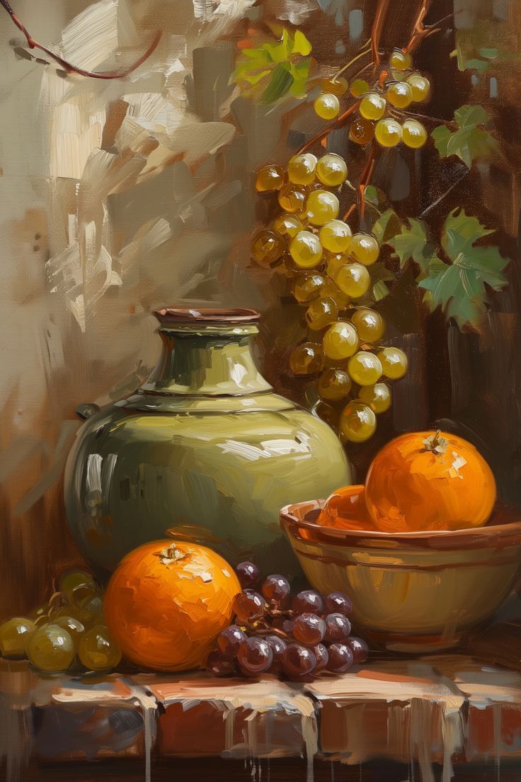 a painting of oranges and grapes in front of a green vase