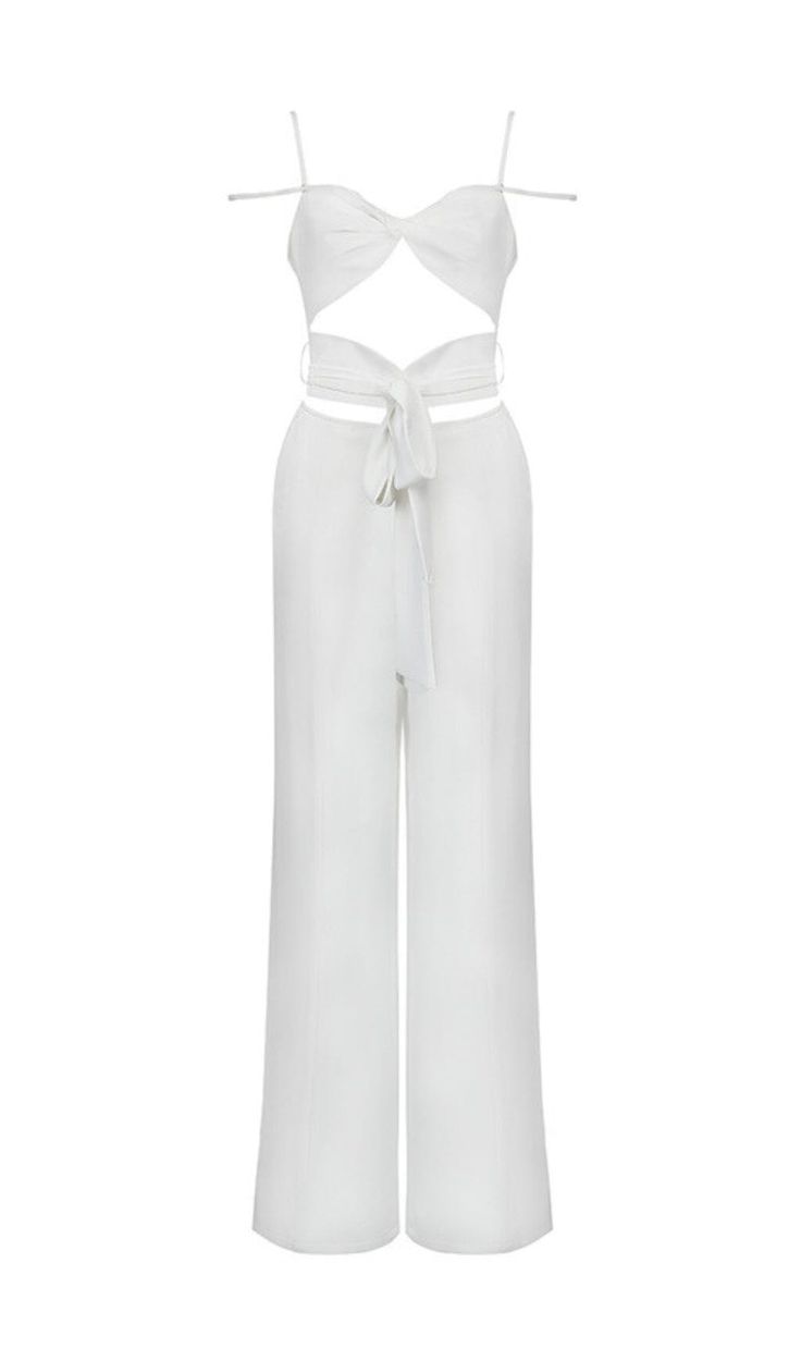 CUTOUT SLEEVELESS JUMPSUIT IN WHITE White Strapless Jumpsuit For Summer Nights, White Strapless Jumpsuit For Night Out In Summer, Elegant Solid Strapless Jumpsuit For Beach, Elegant Sleeveless Strapless Jumpsuit For Beach, Elegant Solid Color Summer Jumpsuits And Rompers, White Casual Strapless Jumpsuit For Party, Chic Halter Neck Jumpsuit For Day Out, Casual Cutout Jumpsuits And Rompers For Spring, Casual Spring Jumpsuits And Rompers With Cutout